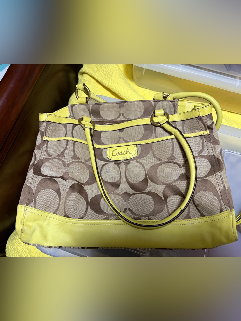 Coach Brown Signature Canvas Tote with Yellow Trim